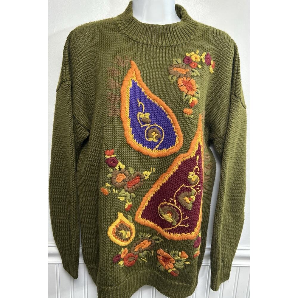 Vtg Della Knit Floral Paisley Sweater M Green Cottagecore 3D 80’s Embroidered